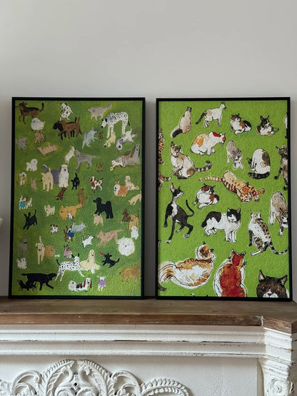 Healing Watercolor Dog and Cat Wall Art Cute Pet Illustration Painting 40x60 cm