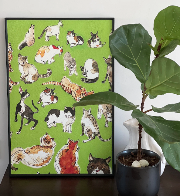 Healing Watercolor Dog and Cat Wall Art Cute Pet Illustration Painting 40x60 cm