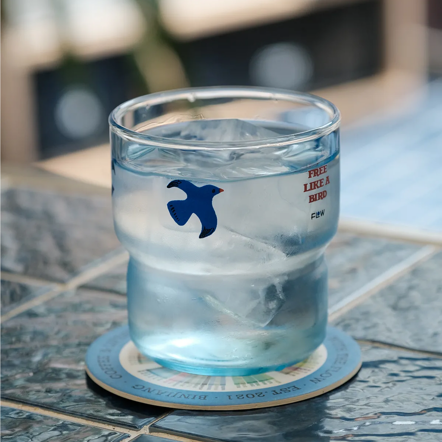 Blue Glass Cup with Flying Bird Design Lightweight Heat-Resistant 3 Sizes (220ml/300ml/320ml)