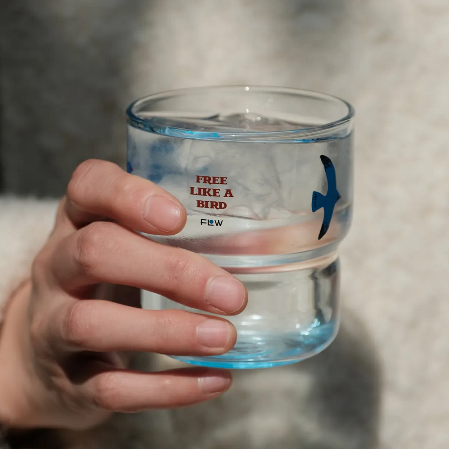Blue Glass Cup with Flying Bird Design Lightweight Heat-Resistant 3 Sizes (220ml/300ml/320ml)