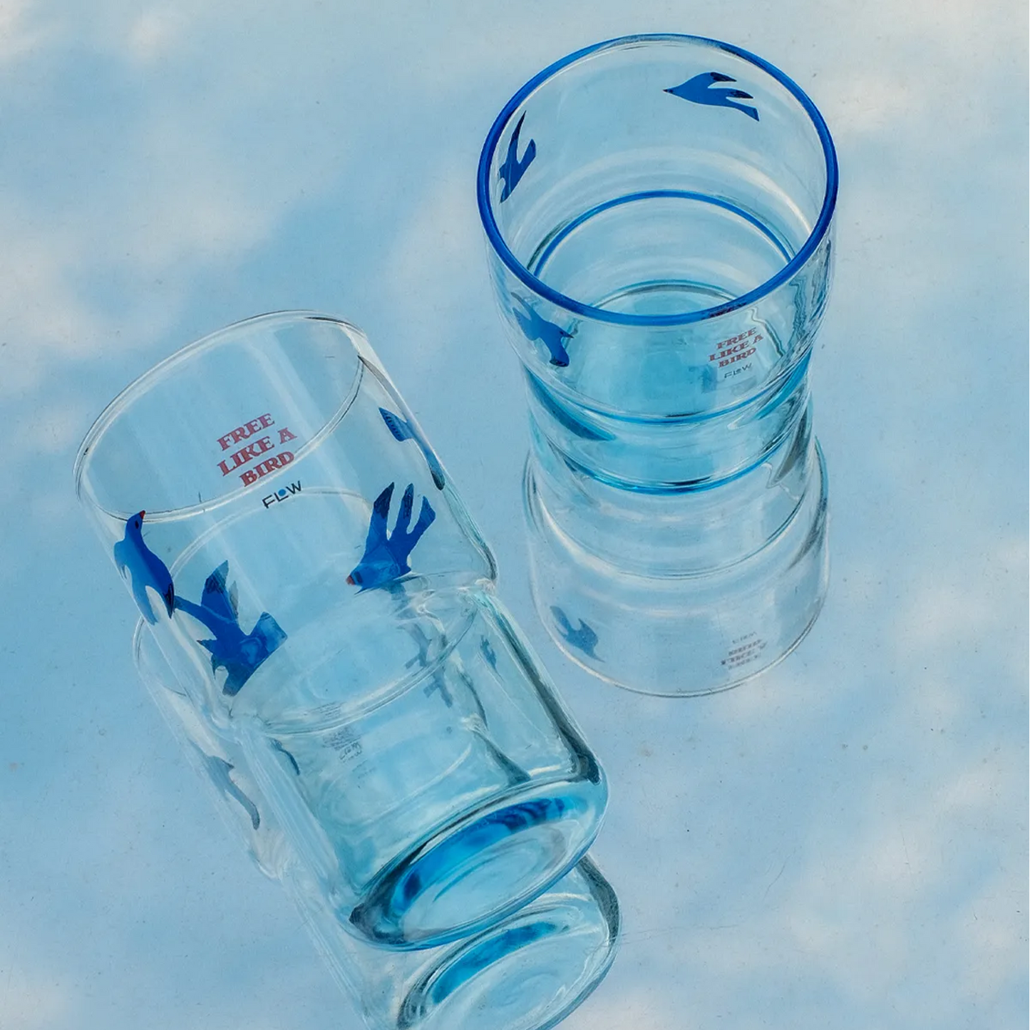 Blue Glass Cup with Flying Bird Design Lightweight Heat-Resistant 3 Sizes (220ml/300ml/320ml)