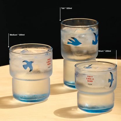 Blue Glass Cup with Flying Bird Design Lightweight Heat-Resistant 3 Sizes (220ml/300ml/320ml)