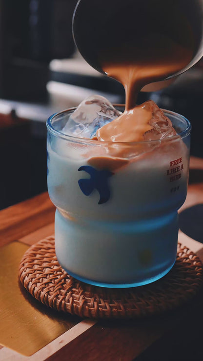 Blue Glass Cup with Flying Bird Design Lightweight Heat-Resistant 3 Sizes (220ml/300ml/320ml)
